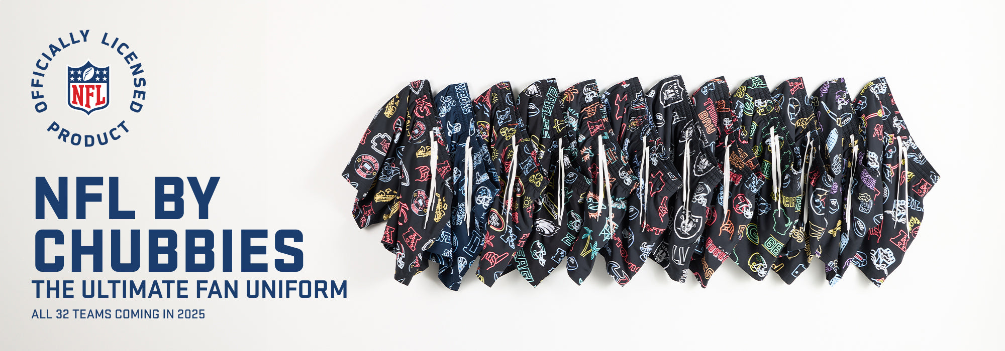 NFL By Chubbies NFL By Chubbies - The Ultimate Fan uniform - Image of 12 swim trunks with leam logos on them.m