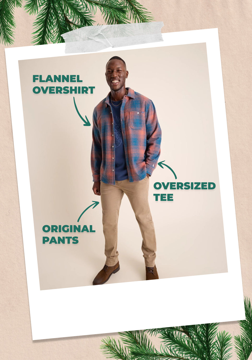 Man wearing Chubbies flannel overshirt, oversized tee and original pants 