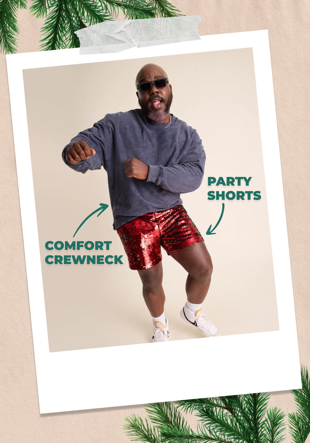 Man wearing Chubbies party short and comfort crewneck 