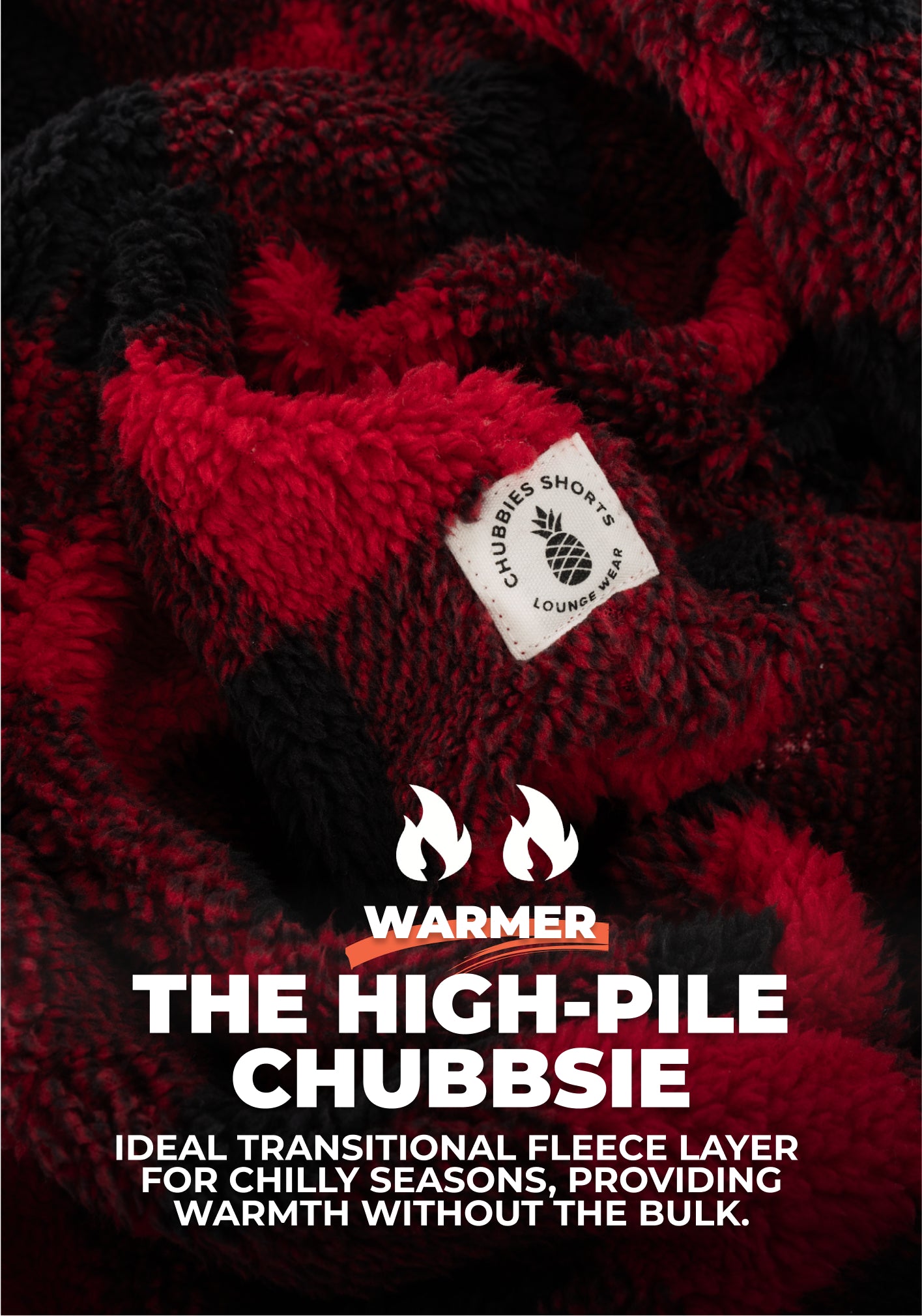 Fabric close up with text "The high pile chubbsie -Warmer layer - ideal transitional fleece layer for chilly seasons, providing warmth without the bulk"